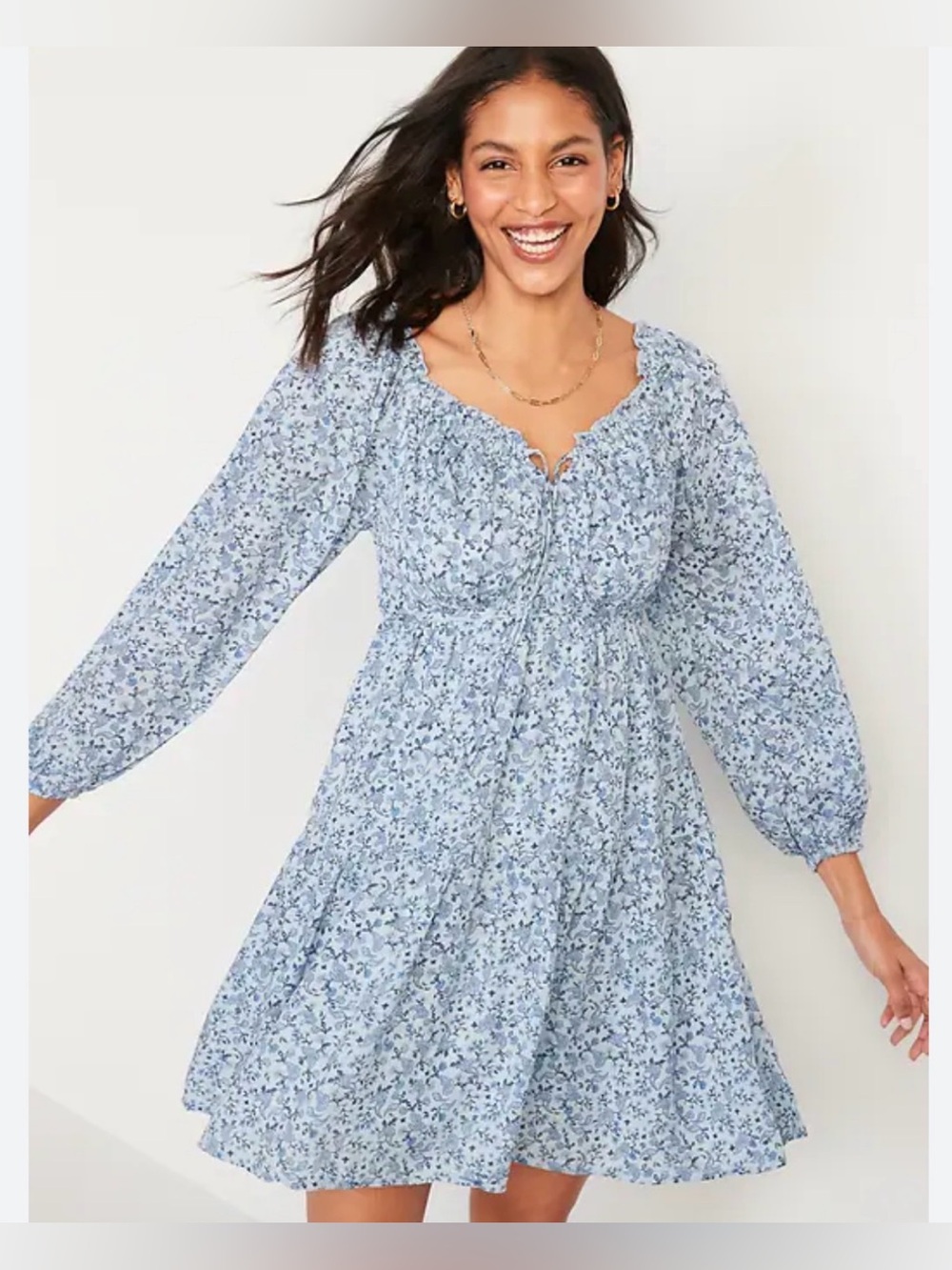 Old Navy Mini Poet Swing Dress in Blue Floral Print - Small Tall - C1-331